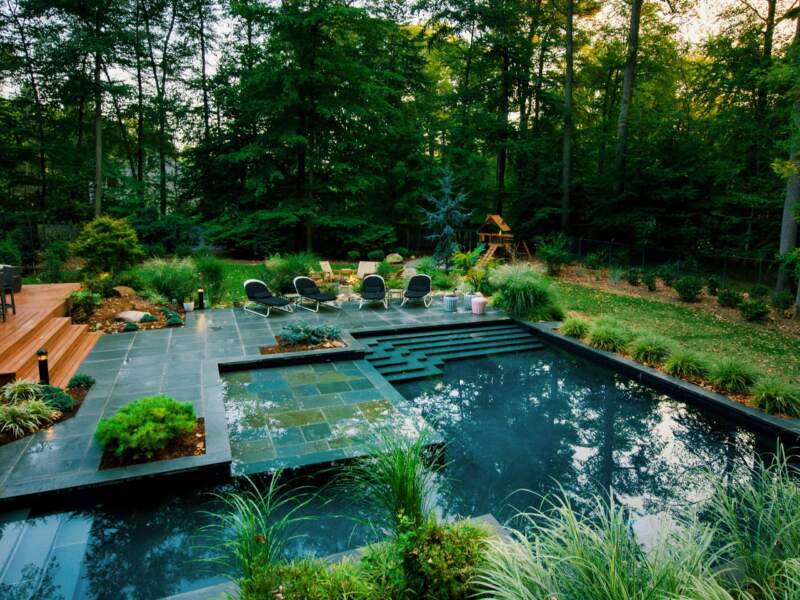 A residential property, surrounded by nature, receives regular pool maintenance from Land of Elite property maintenance company