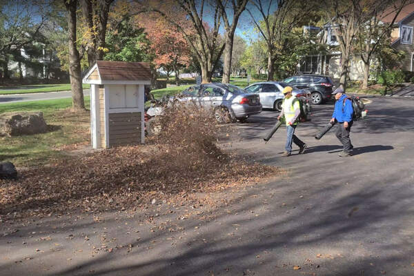 Two workers using a leaf blower to blow dry leaves during spring as part of landscape maintenance