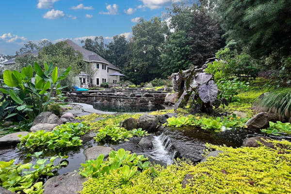 Serene outdoor pool surrounded by nature and peaceful streams, showcasing luxurious outdoor living in New York.